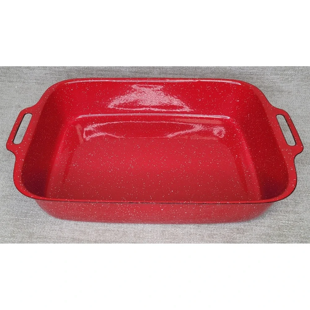 Crate and Barrel Tinware Red White Spatter Enamelware 12 1/2